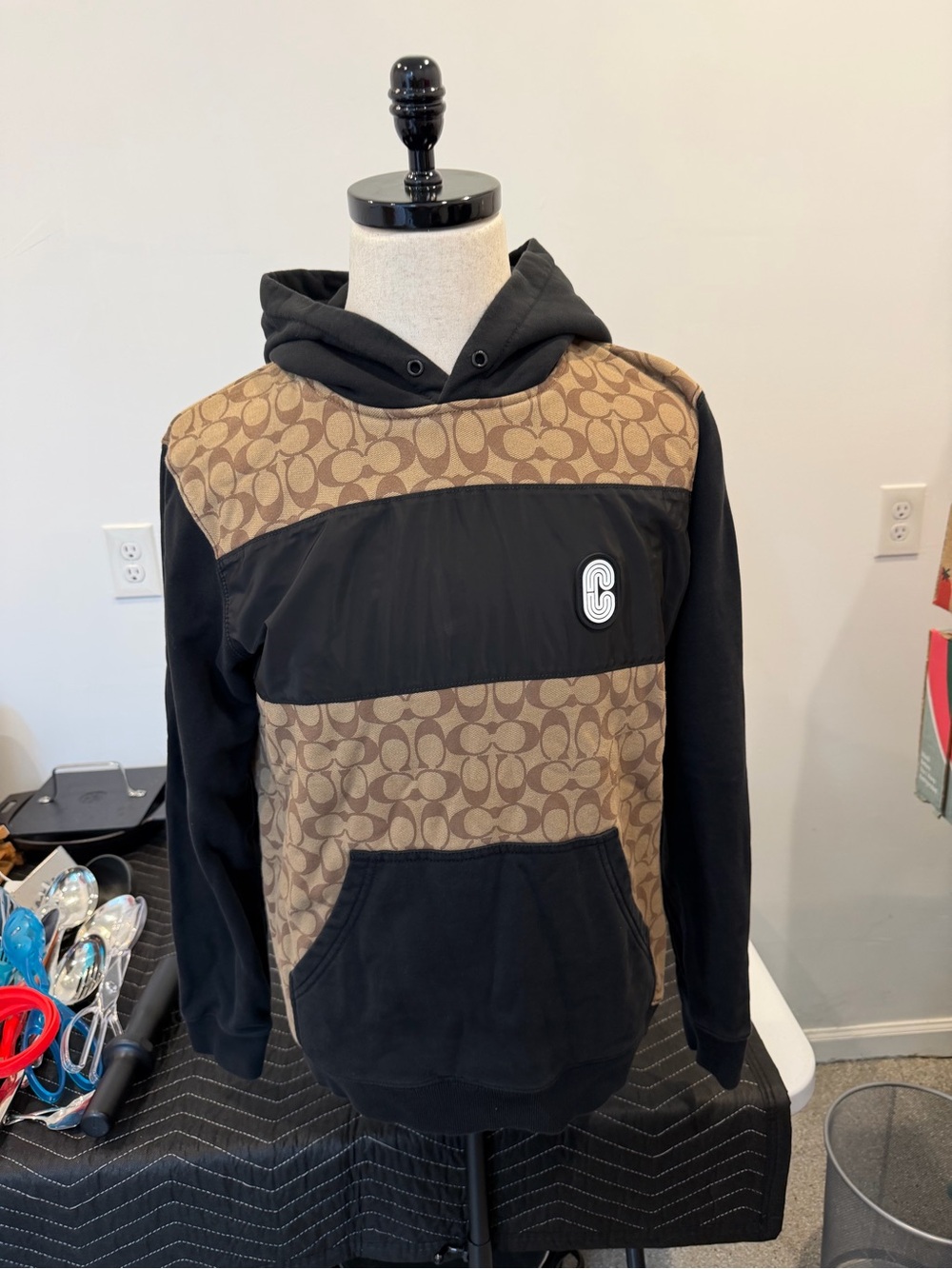 Coach Black Hoodie with Brown Signature Panels